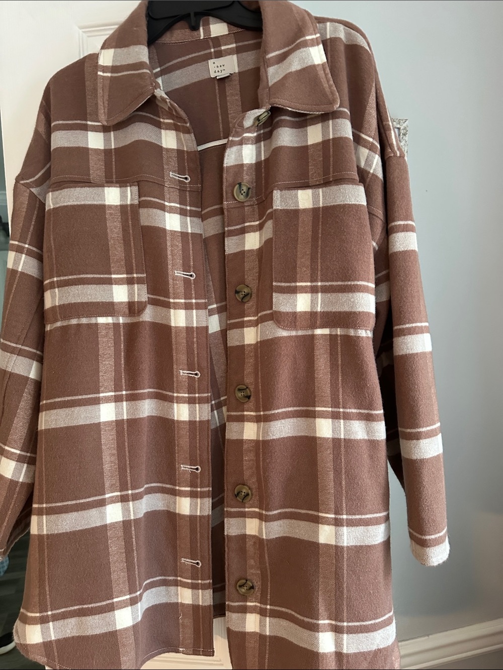 a new day Brown Plaid Utility Shacket with Chest Pockets, Side Pockets and Belt